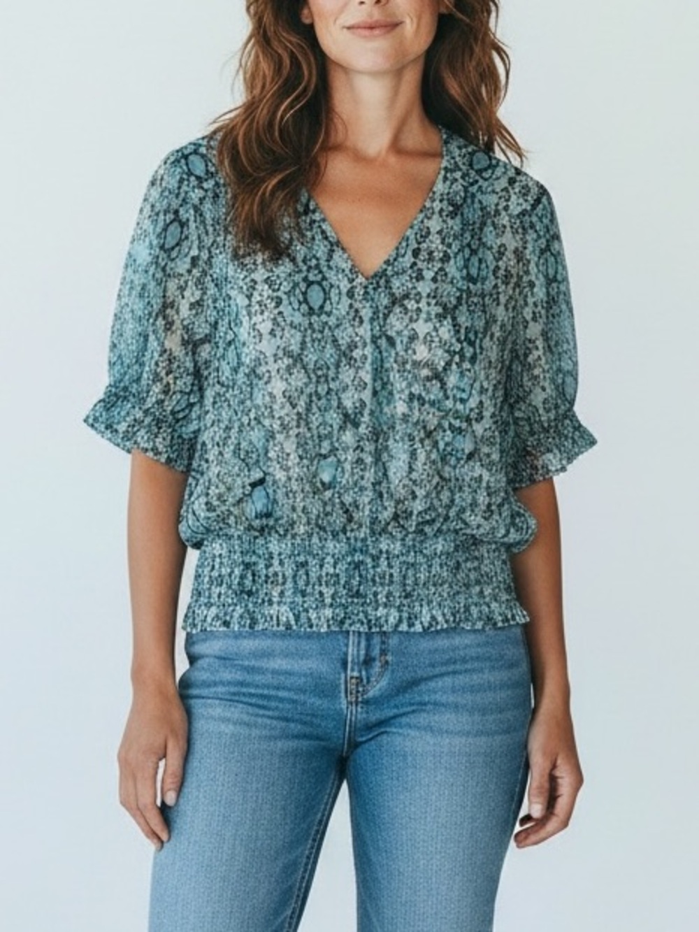 Reba Teal and Black Snake-Print V-Neck Smocked Blouse